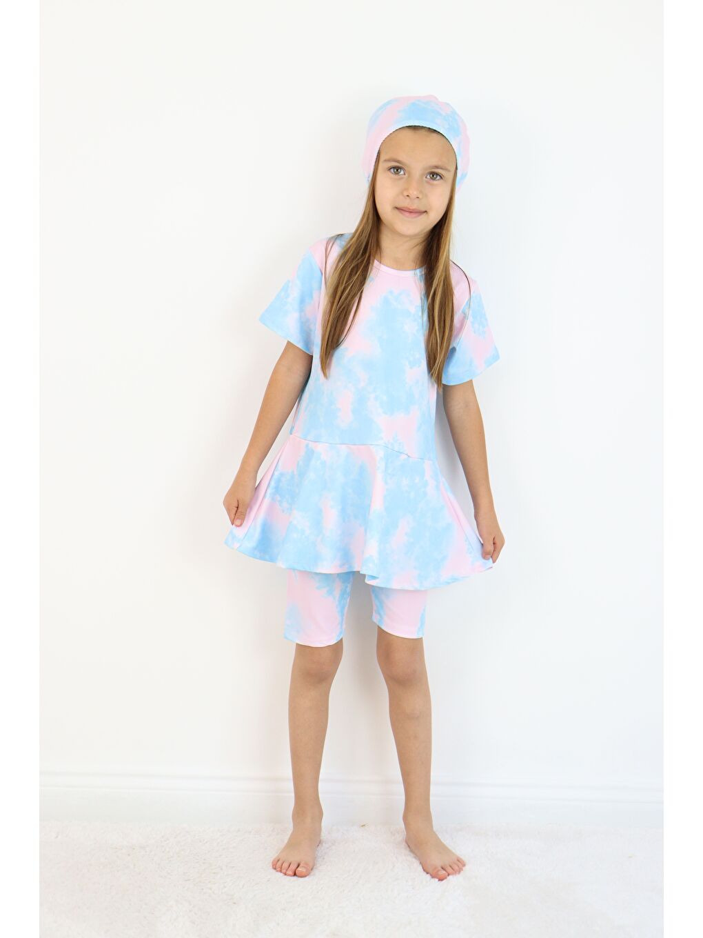 Pembe Kız Çocuk Bisiklet Yaka Etekli Mayo ve Tayt Bone-2