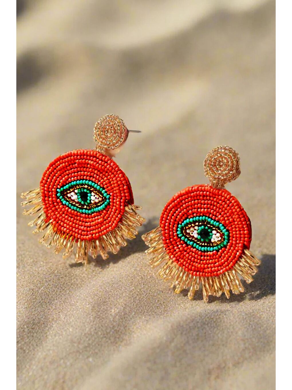 Kırmızı El Yapımı Boncuklu Şans Gözü Küpe-4