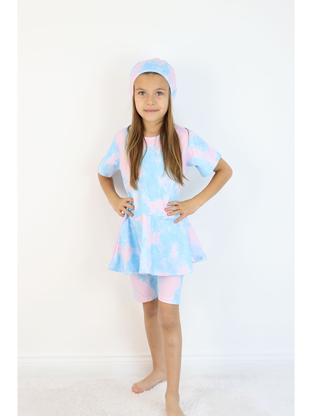 Pembe Kız Çocuk Bisiklet Yaka Etekli Mayo ve Tayt Bone-3