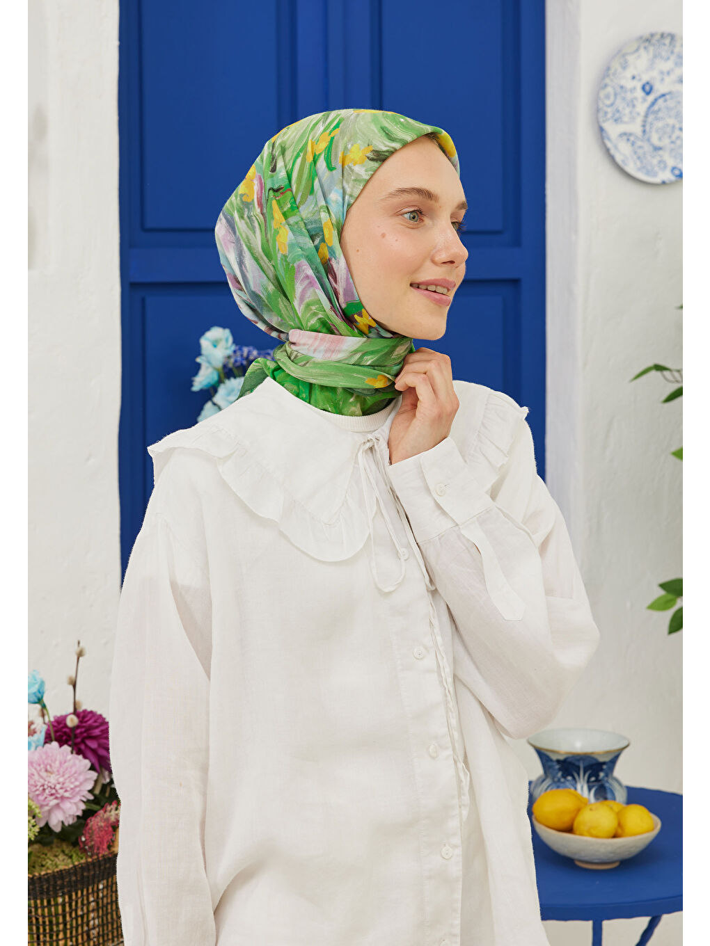 Summer Sunset Desen Pamuk Vual Eşarp Yeşil-1