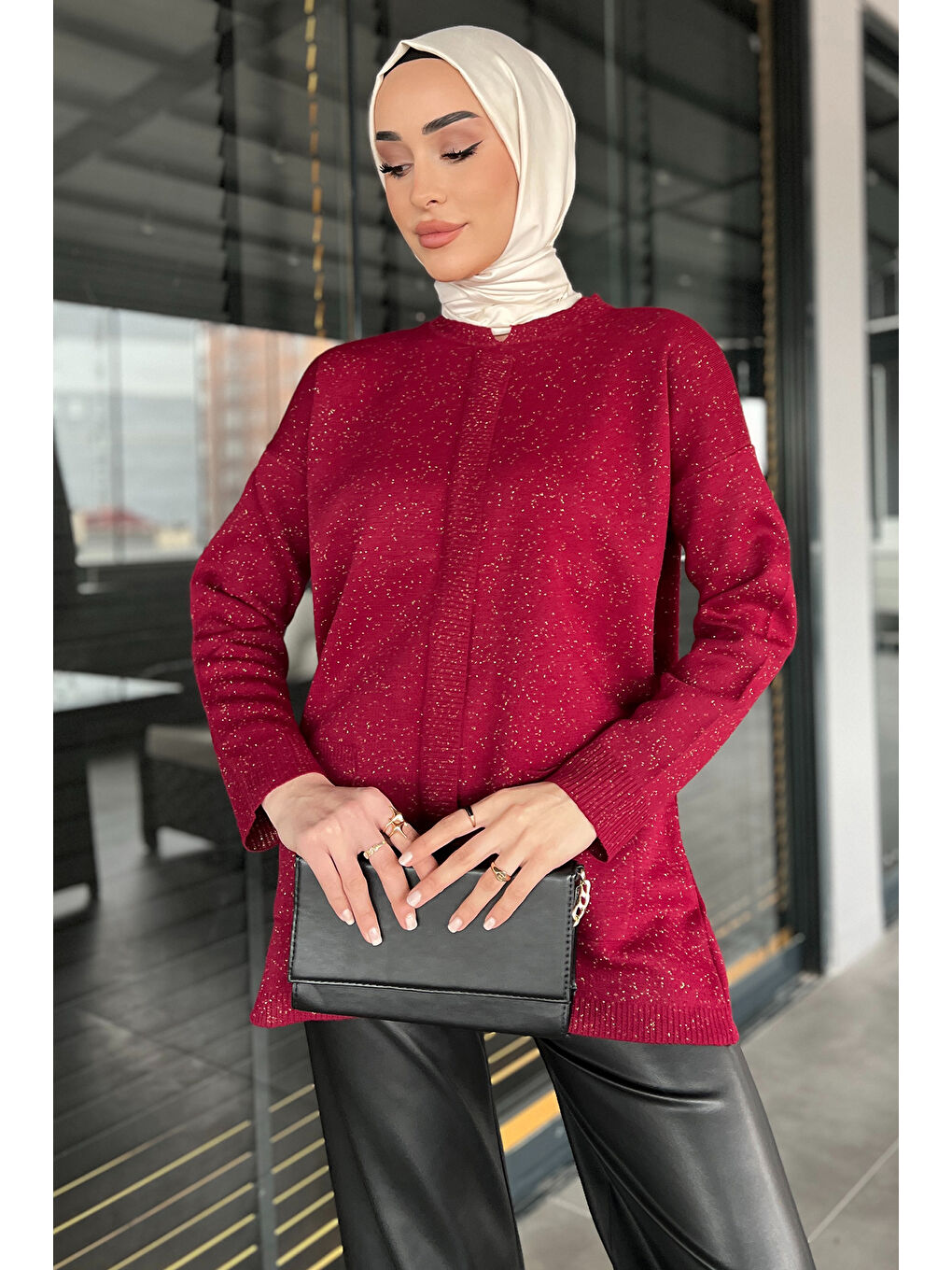 Bordo Kadın Ön Şerit Detaylı Işıltılı Tesettür Triko Tunik-3