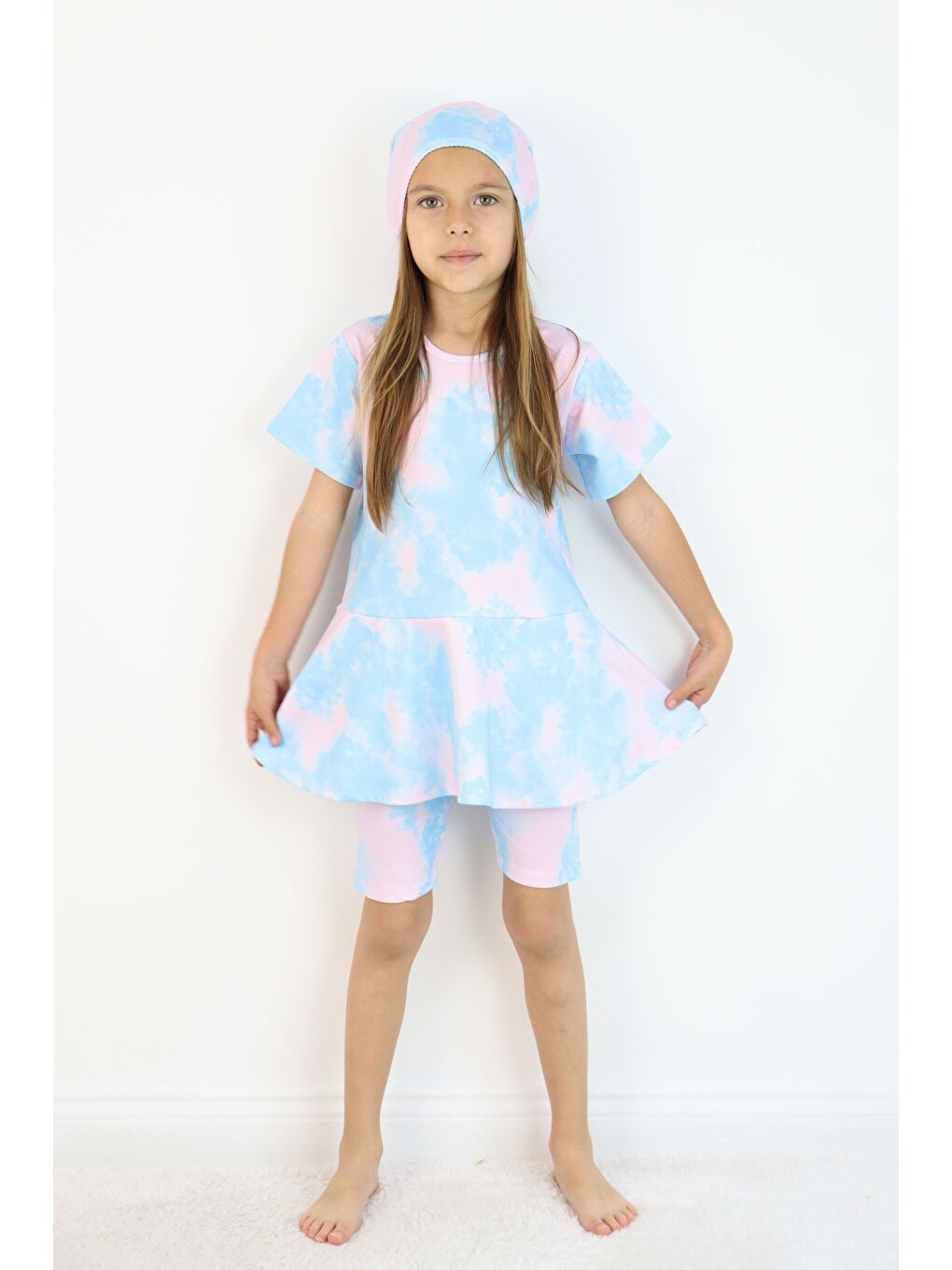 Pembe Kız Çocuk Bisiklet Yaka Etekli Mayo ve Tayt Bone-4