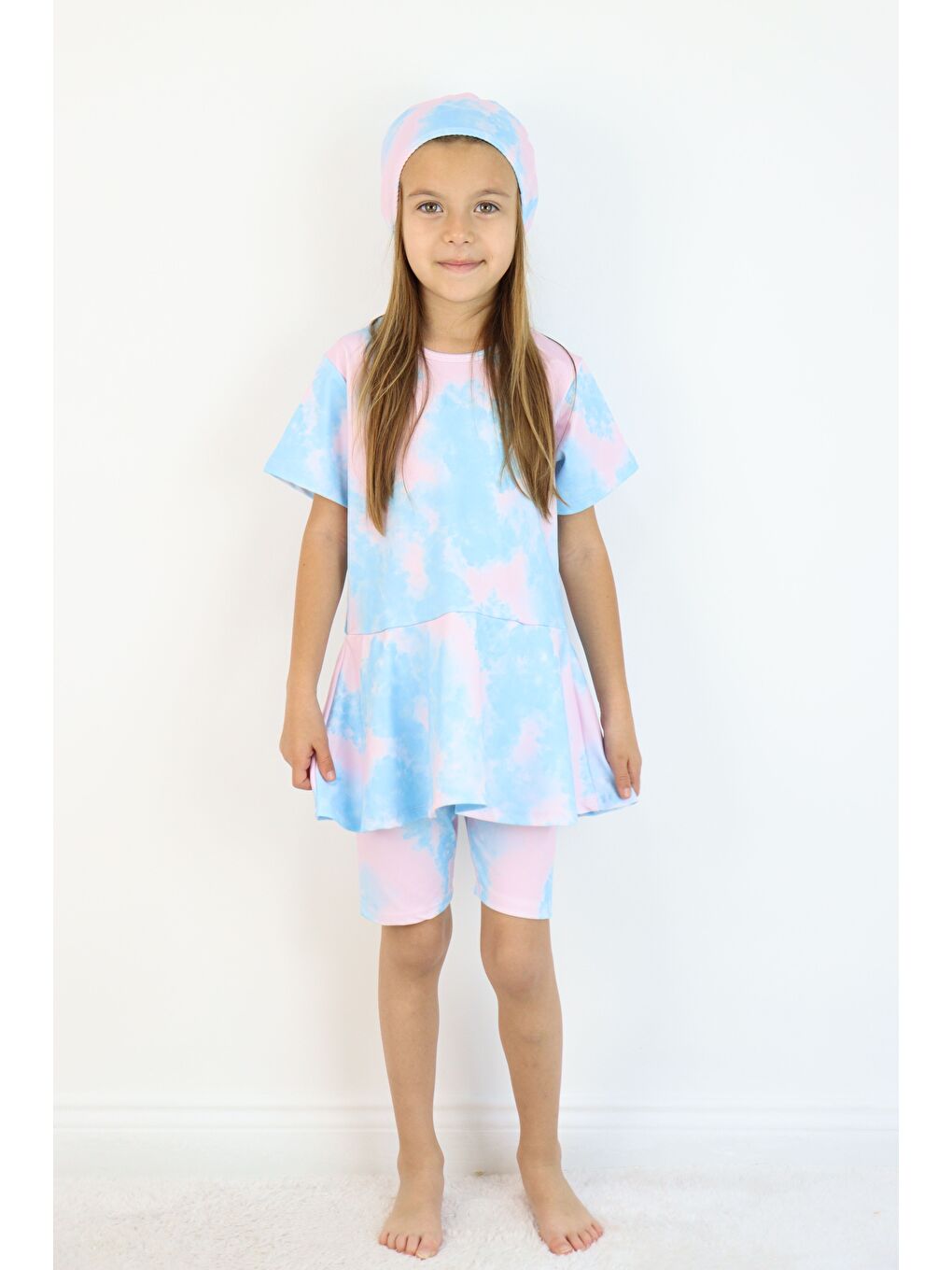 Pembe Kız Çocuk Bisiklet Yaka Etekli Mayo ve Tayt Bone-5