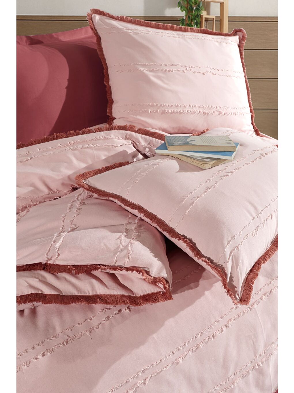 Pembe %100 Pamuk Çift Kişilik Püsküllü Nevresim Seti Bonami Pudra-2
