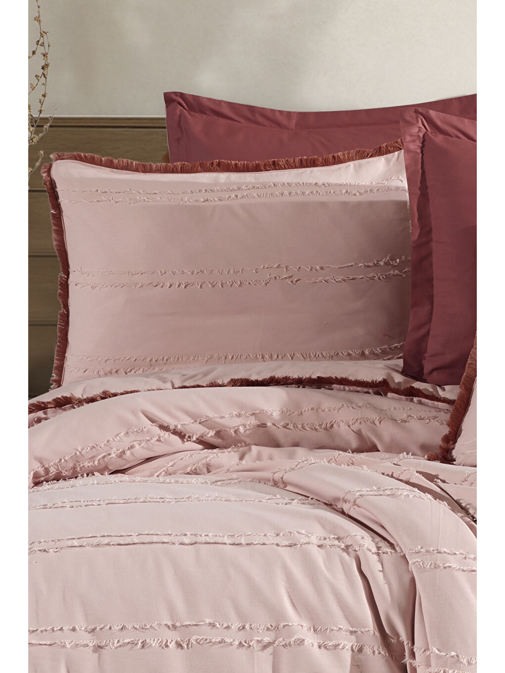 Pembe %100 Pamuk Çift Kişilik Püsküllü Nevresim Seti Bonami Pudra-3