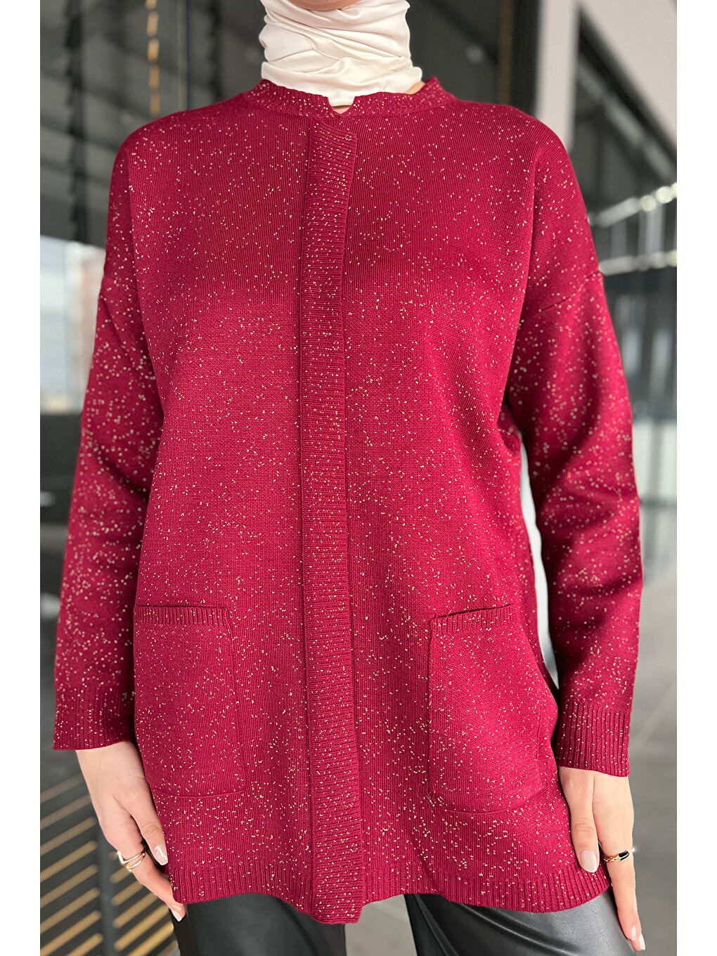 Bordo Kadın Ön Şerit Detaylı Işıltılı Tesettür Triko Tunik-5