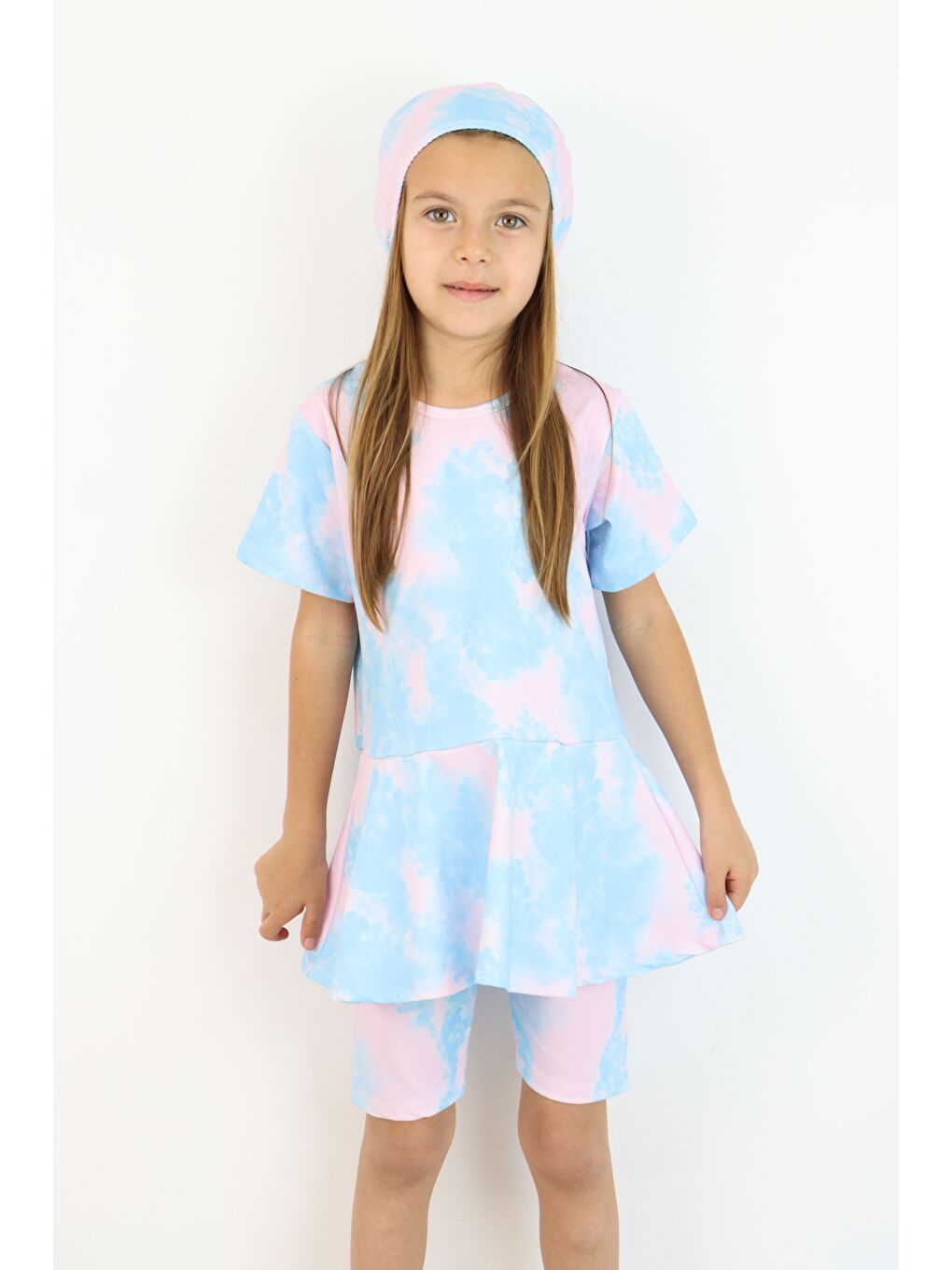 Pembe Kız Çocuk Bisiklet Yaka Etekli Mayo ve Tayt Bone-6