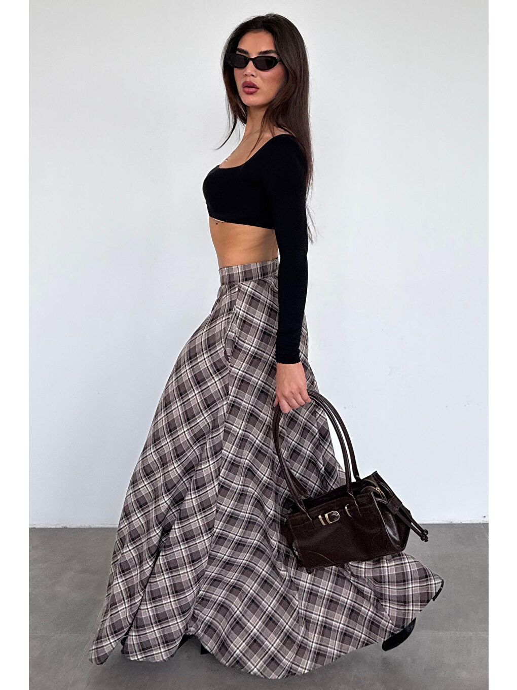 Kahverengi Ekose Desen Uzun Boy Etek Mg2648-1