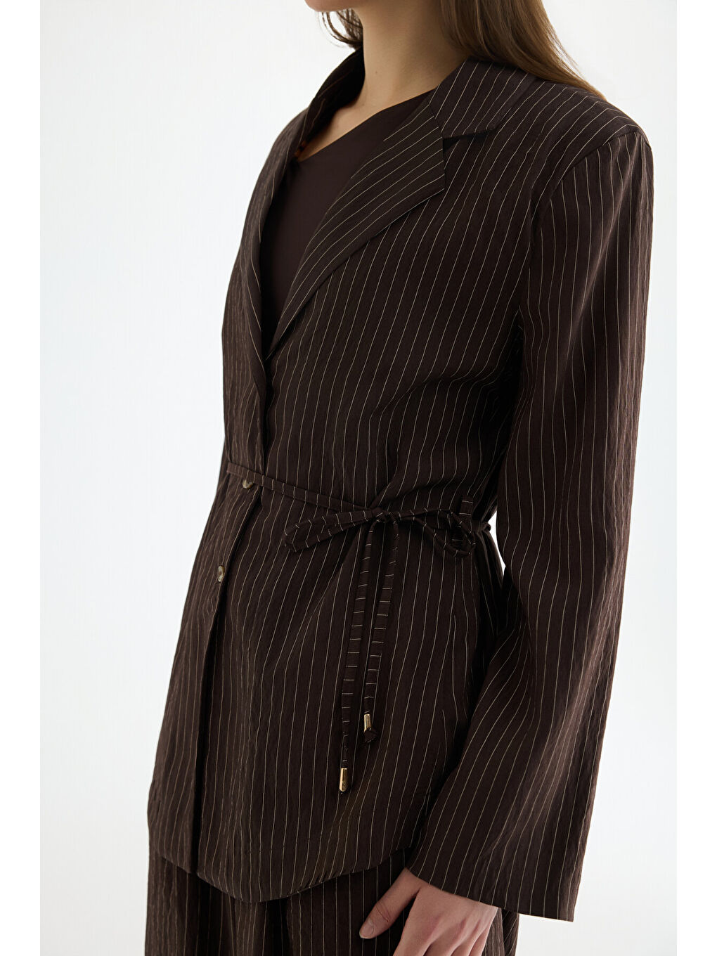 Çizgili Bağcıklı Gömlek Ceket Kahverengi-1