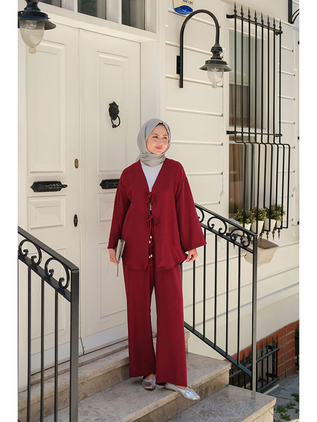 Kadın Ön Bağlama Detaylı Takım Bordo-4