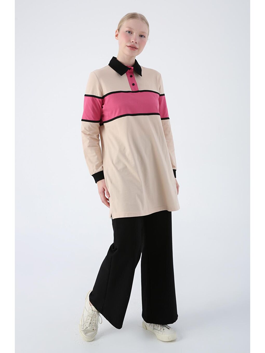 Bej Pamuklu Renkli Garnili Polo Yaka Tunik