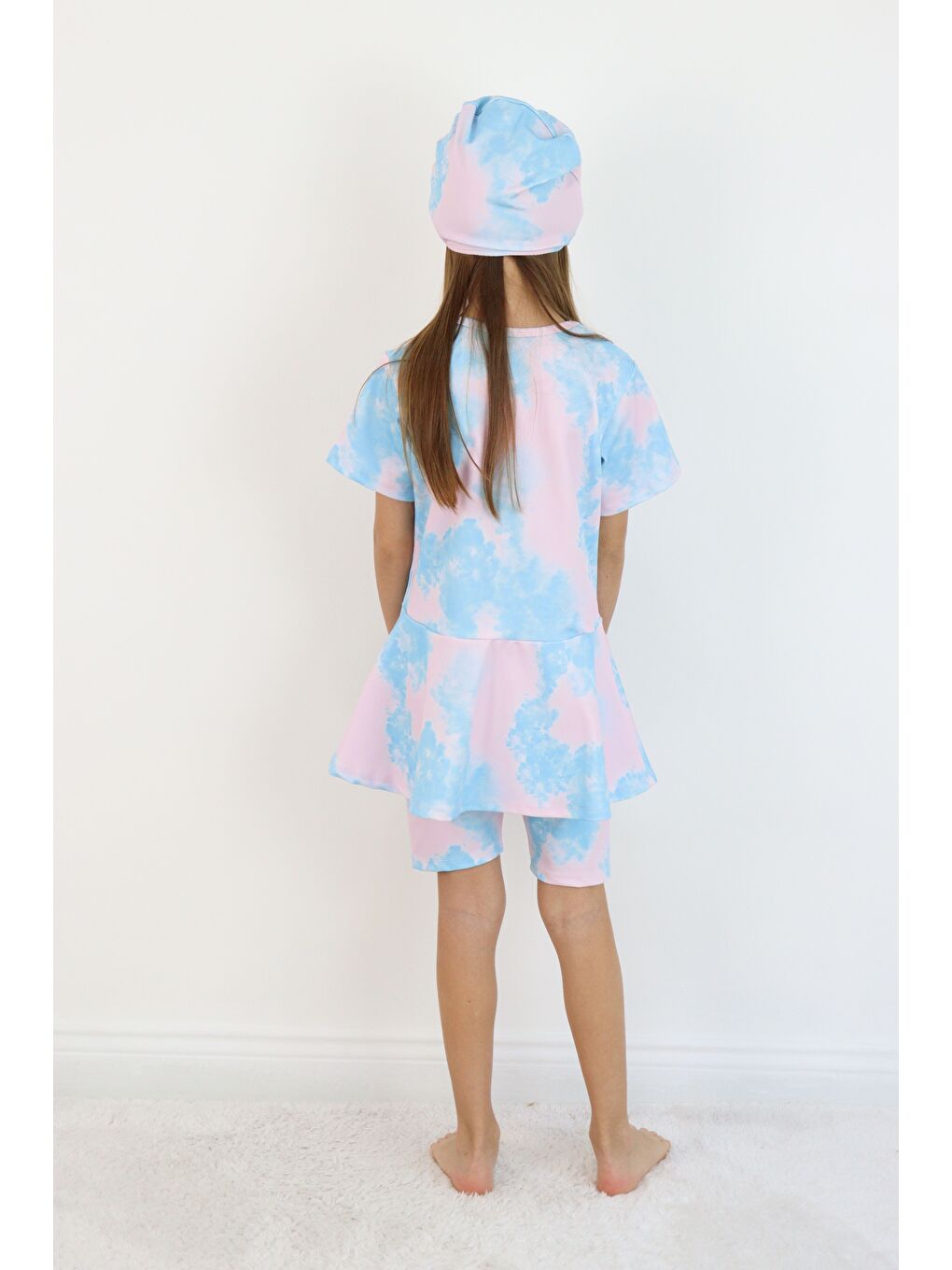 Pembe Kız Çocuk Bisiklet Yaka Etekli Mayo ve Tayt Bone-7