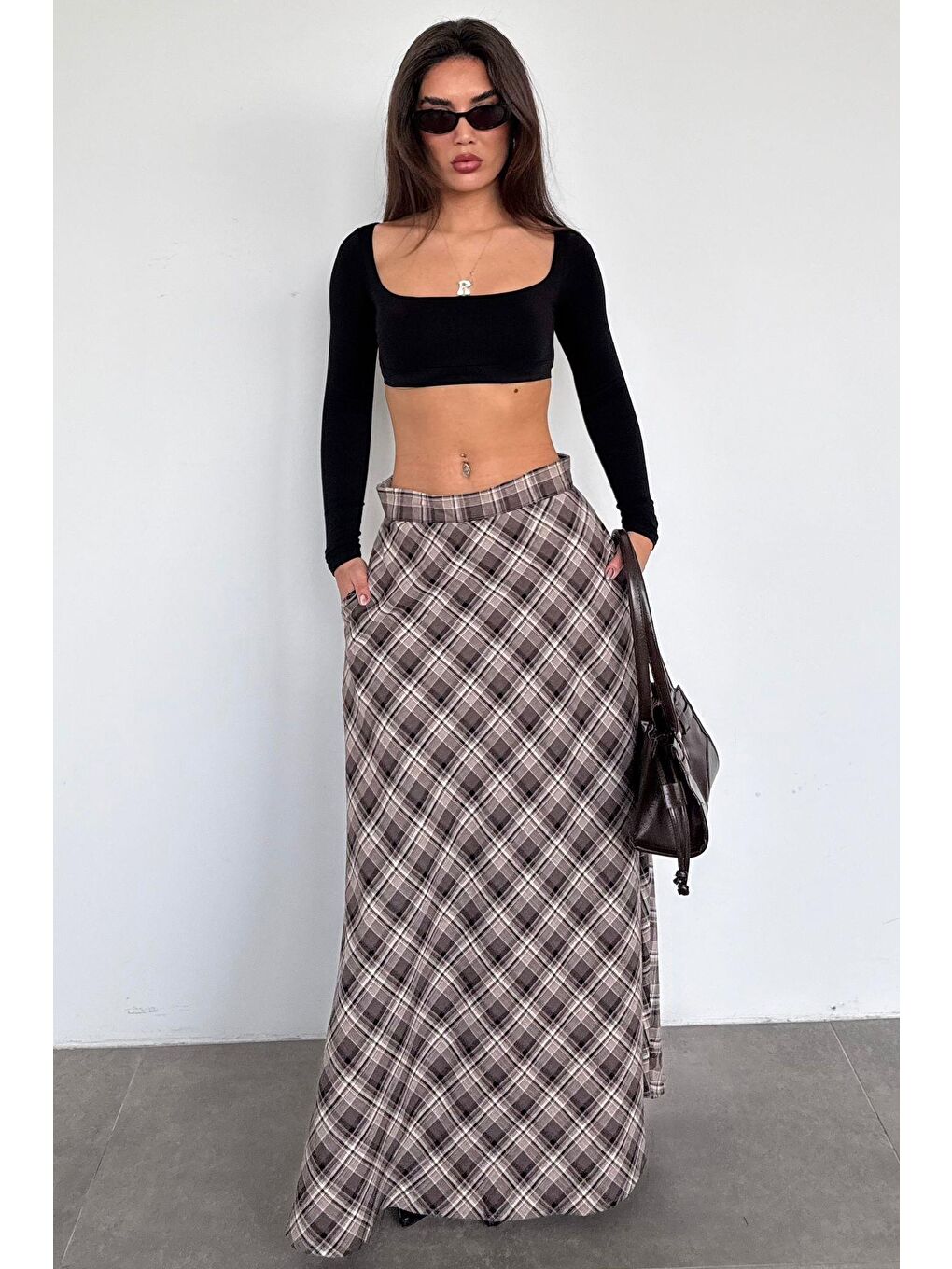 Kahverengi Ekose Desen Uzun Boy Etek Mg2648-2