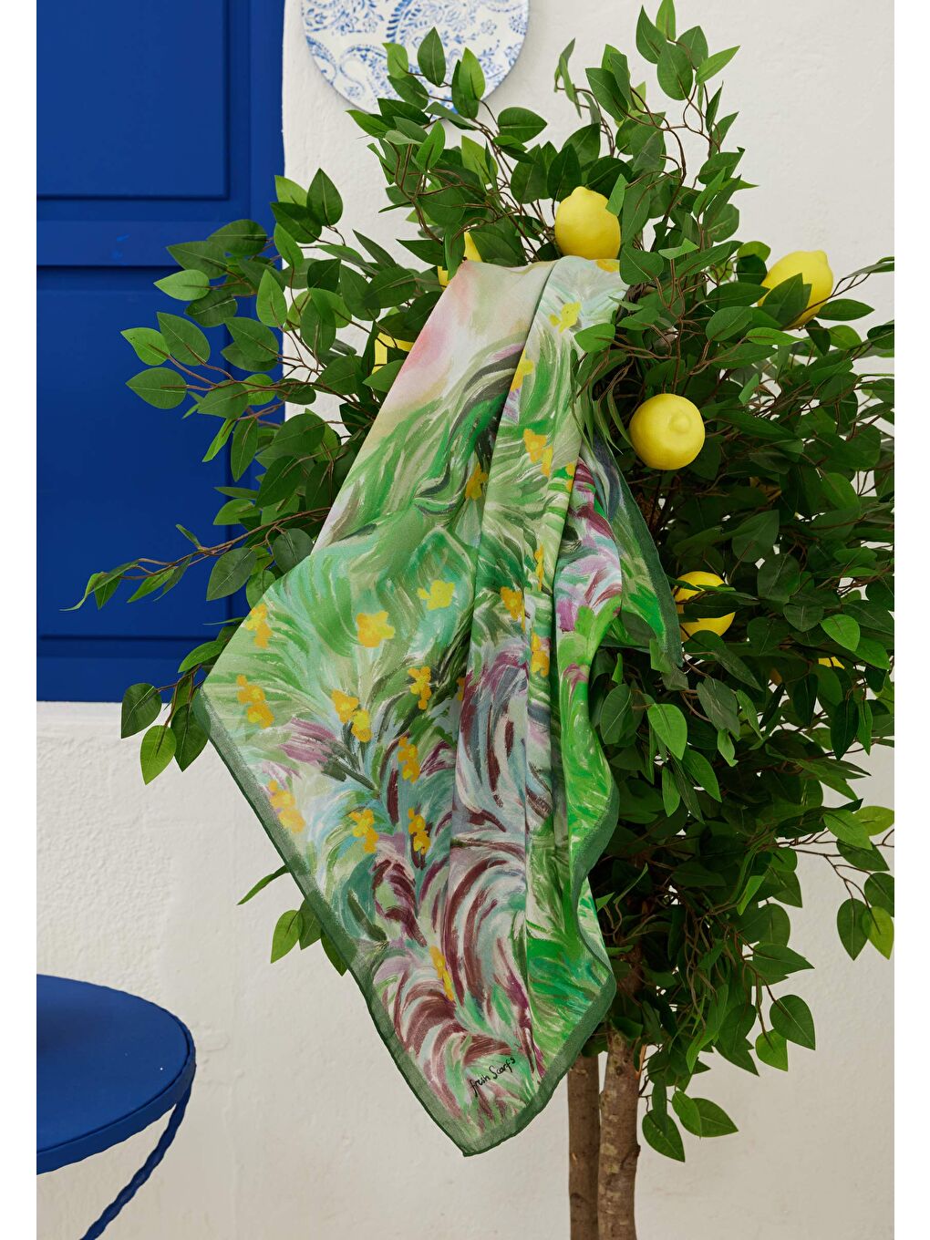 Summer Sunset Desen Pamuk Vual Eşarp Yeşil-2