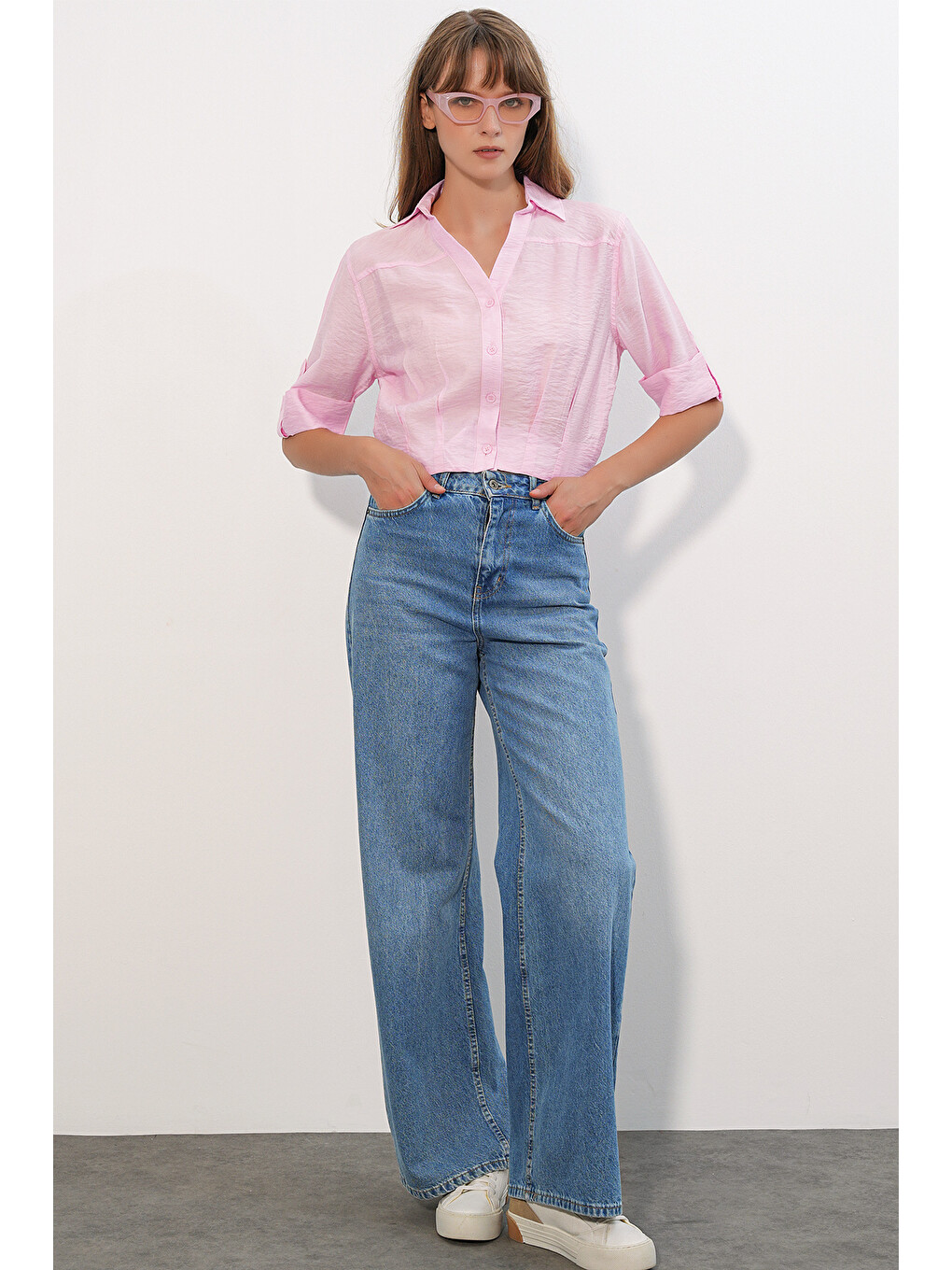 Kadın Crop Oversize Gömlek 20390 - Pembe-1
