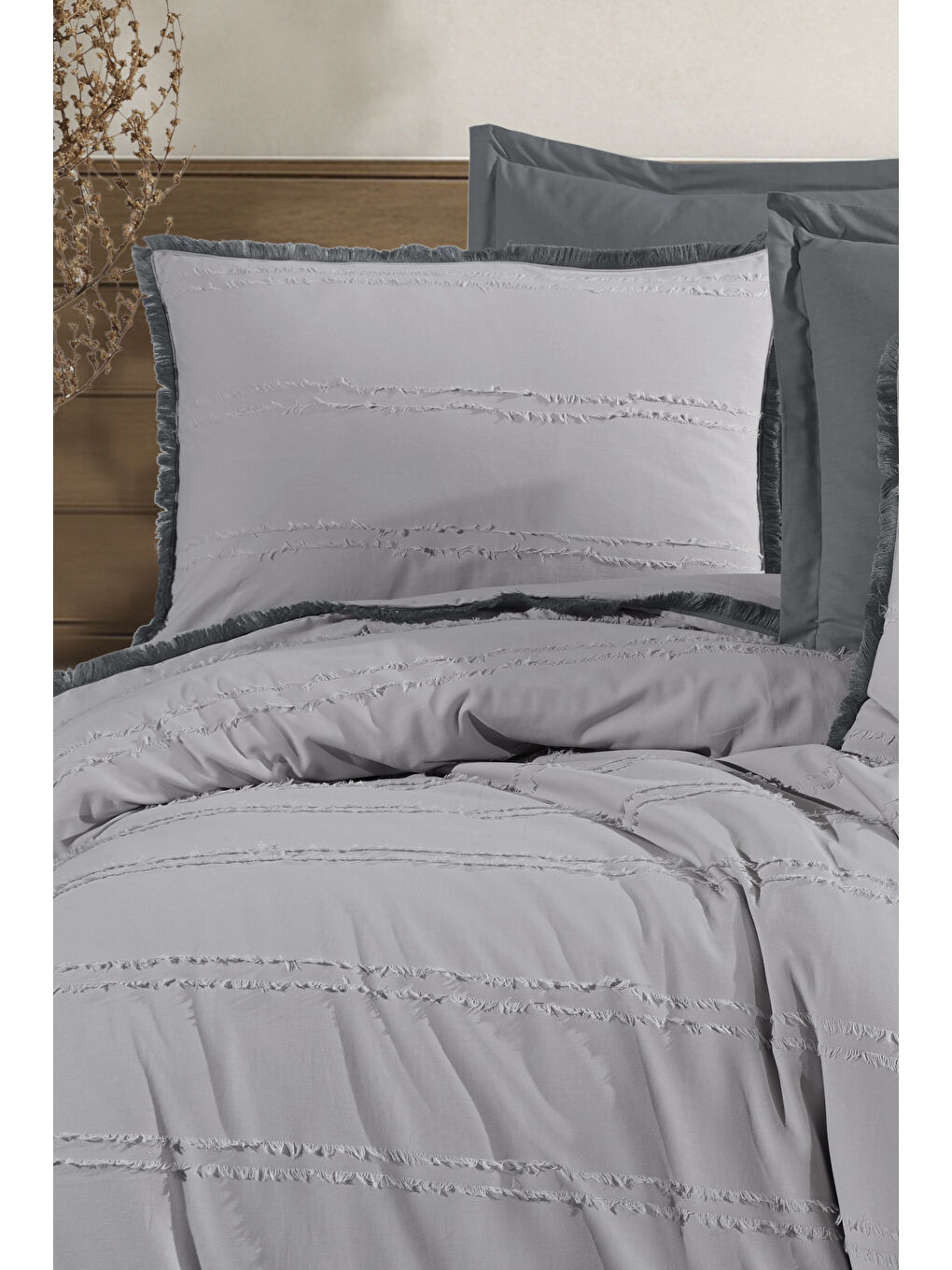 %100 Pamuk Çift Kişilik Püsküllü Nevresim Seti Bonami Gri-3