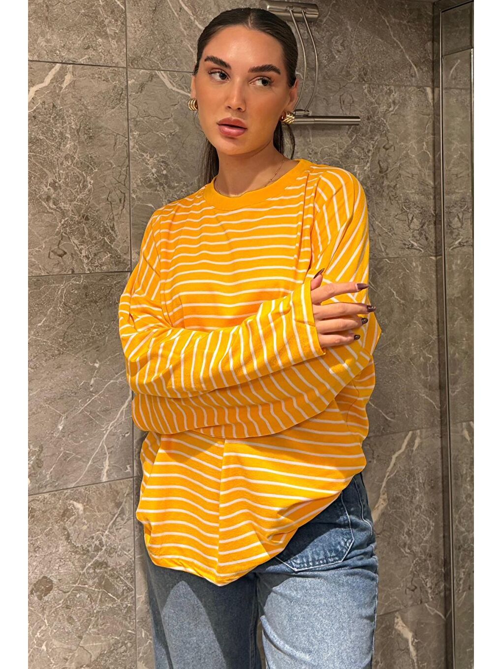 Turuncu Çizgili Sweatshirt Mg2572-4