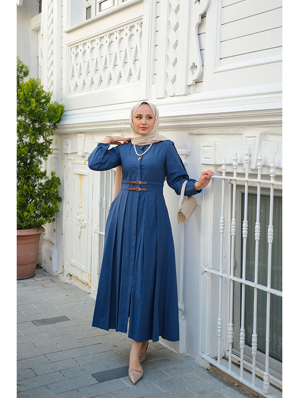 Kadın Çift Kemer Bağlamalı Elbise Lacivert-2