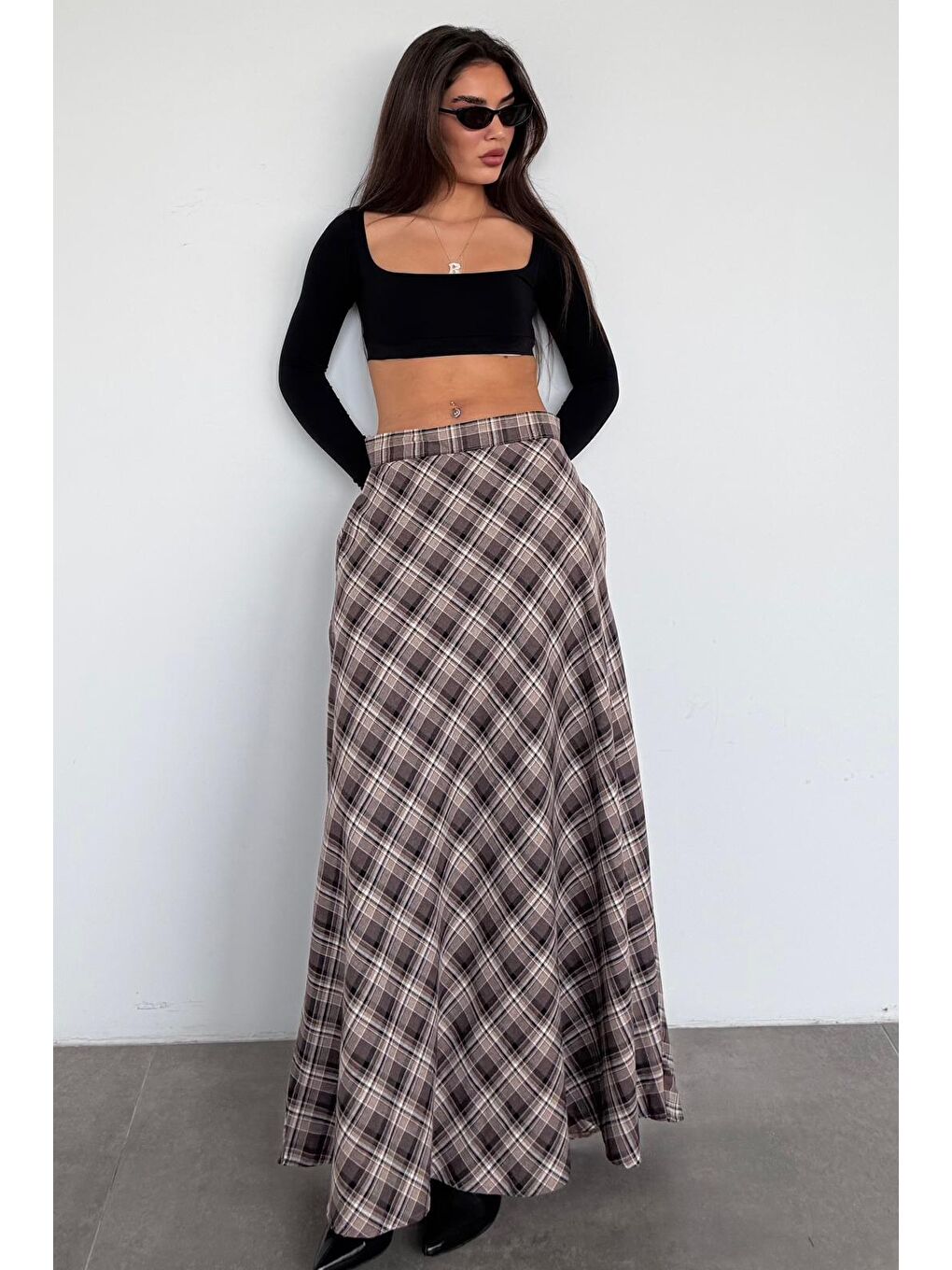 Kahverengi Ekose Desen Uzun Boy Etek Mg2648-3