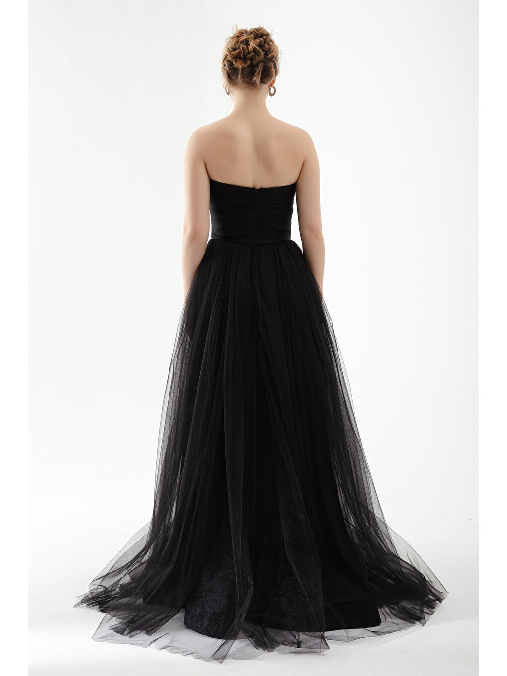 Kadın Siyah Straplez Tül Abiye Elbise-4