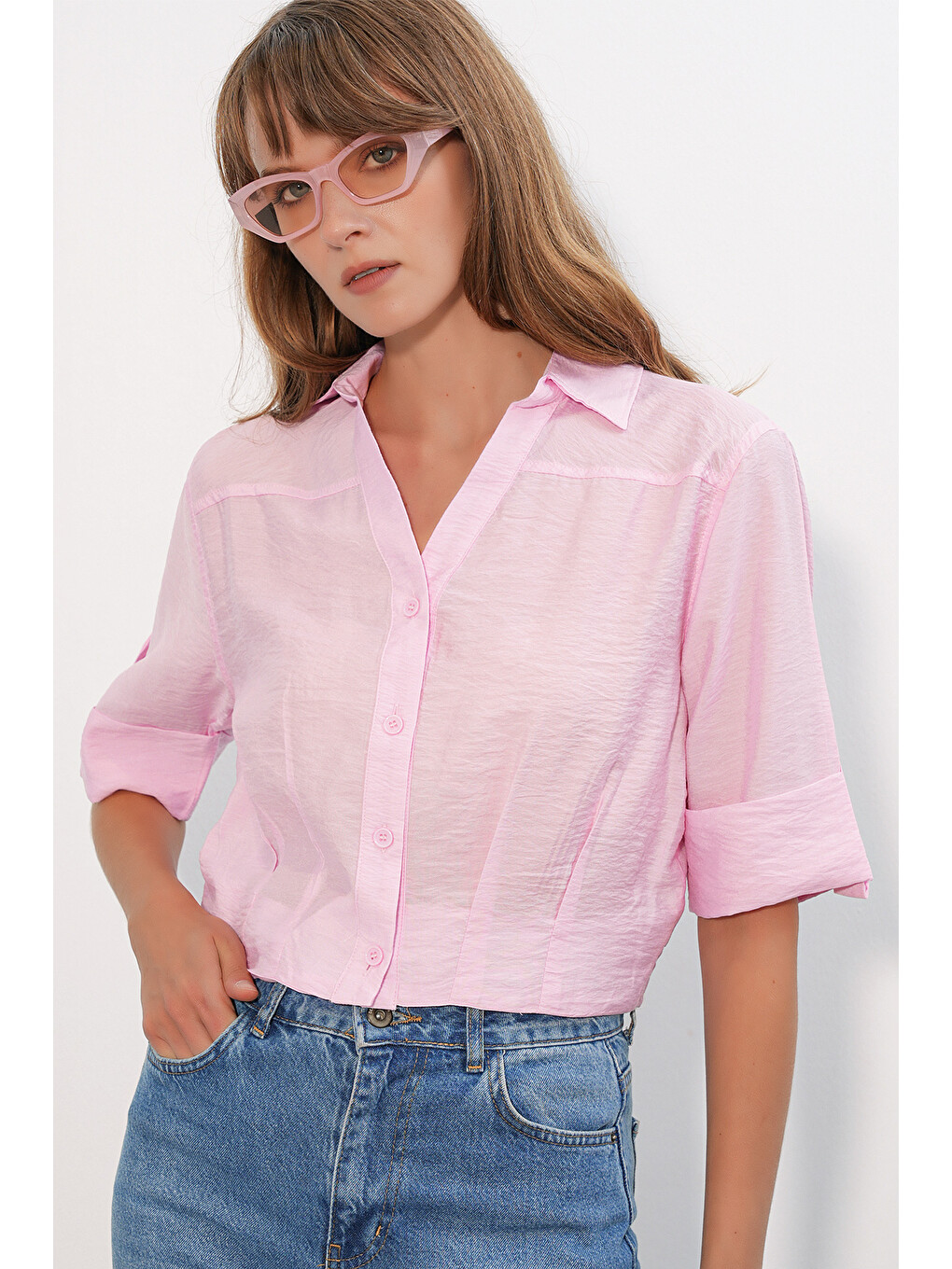 Kadın Crop Oversize Gömlek 20390 - Pembe-2
