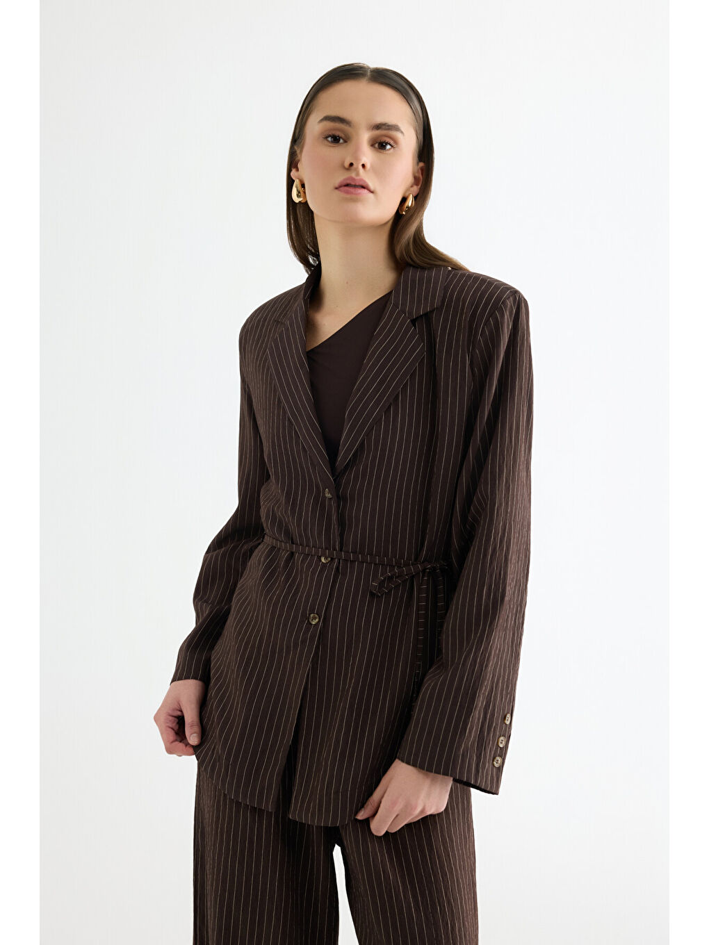 Çizgili Bağcıklı Gömlek Ceket Kahverengi-3