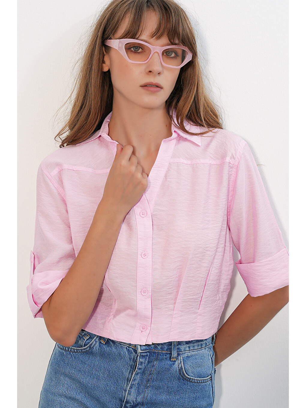 Kadın Crop Oversize Gömlek 20390 - Pembe-3