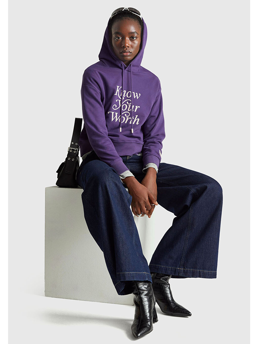 Kadın Mor Pamuk Karışımlı Önü Yazı Baskılı Kapüşonlu Sweatshirt-4