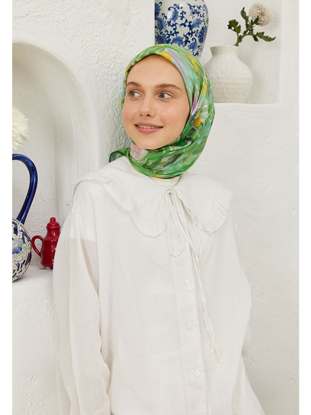 Summer Sunset Desen Pamuk Vual Eşarp Yeşil-3