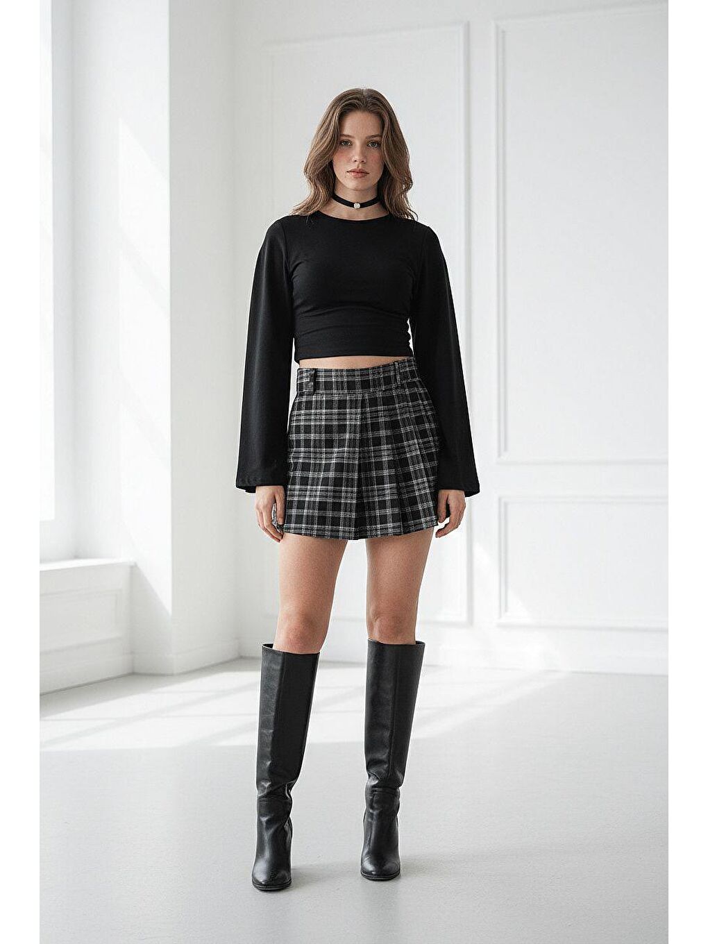 Siyah %100Pamuklu Ekose Desen Pileli Mini Şort Etek Mg2629-2