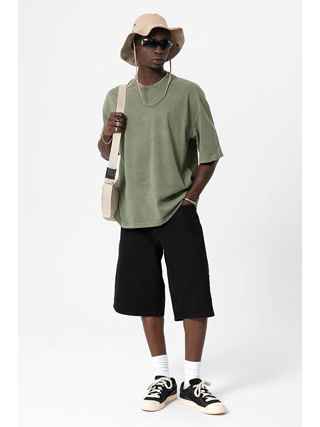Yıkamalı Oversize Basic Tişört Haki