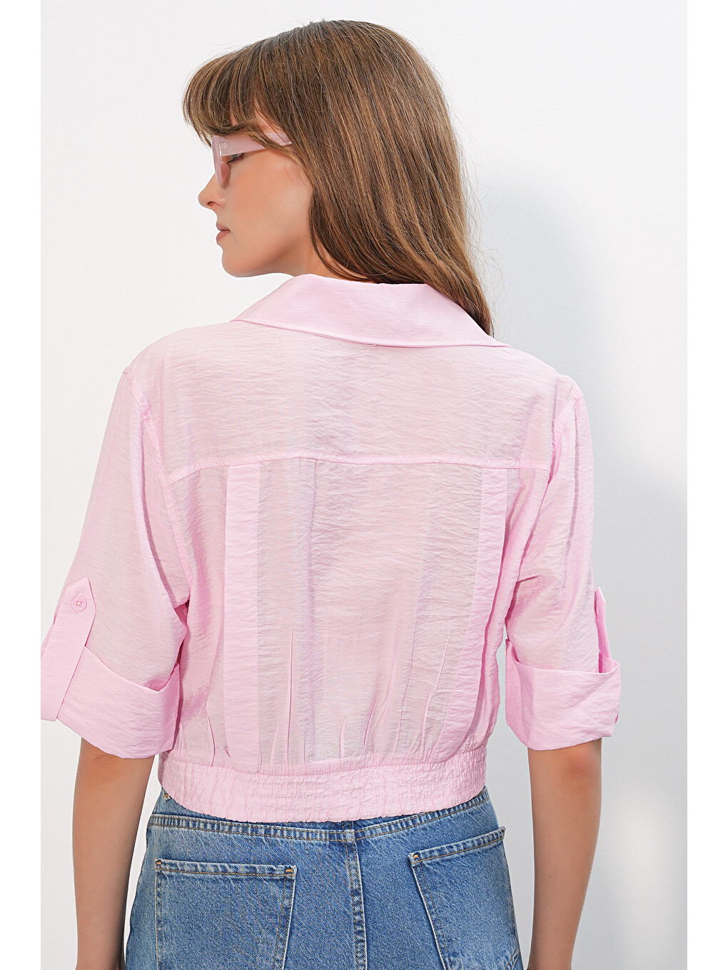 Kadın Crop Oversize Gömlek 20390 - Pembe-5