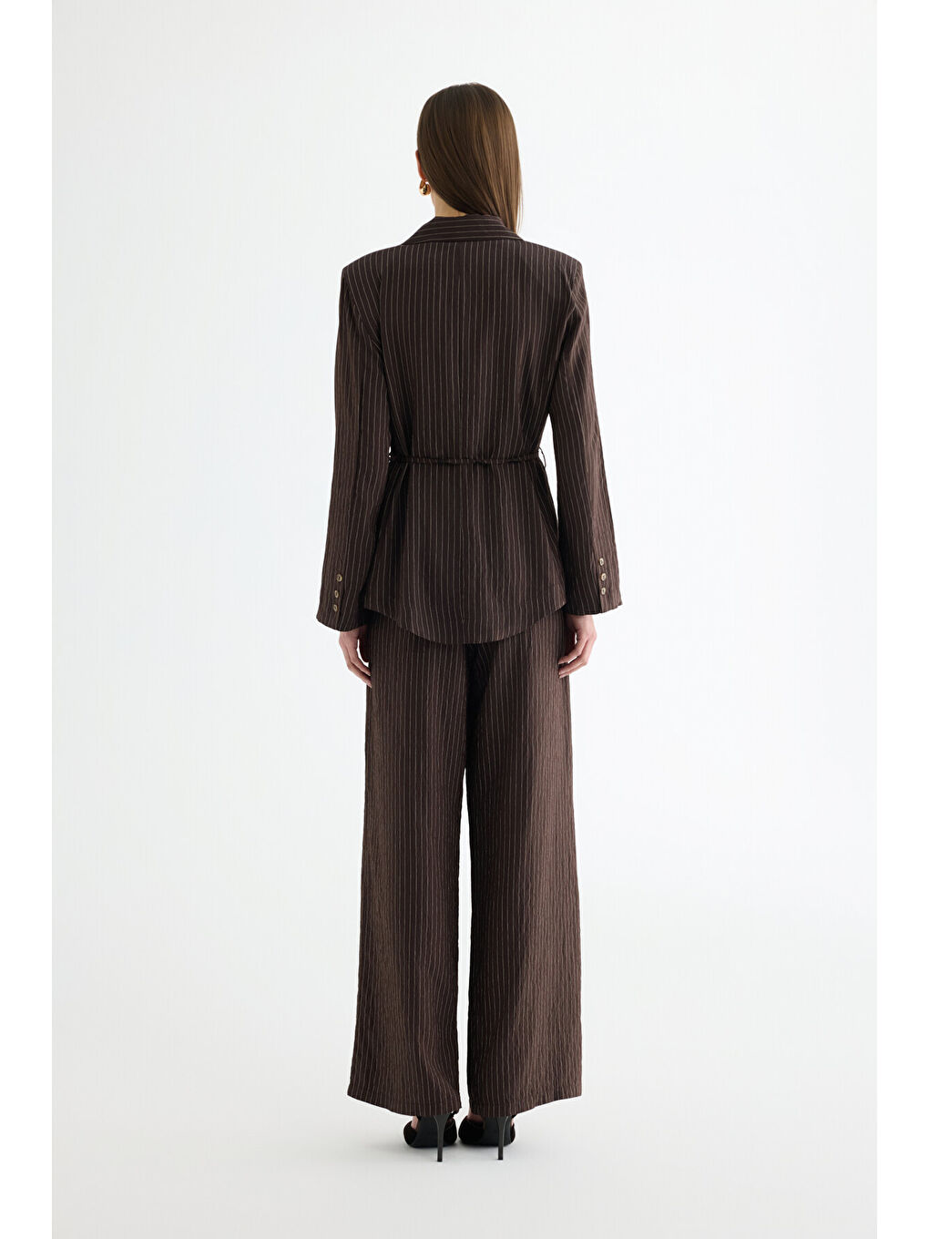 Çizgili Bağcıklı Gömlek Ceket Kahverengi-4