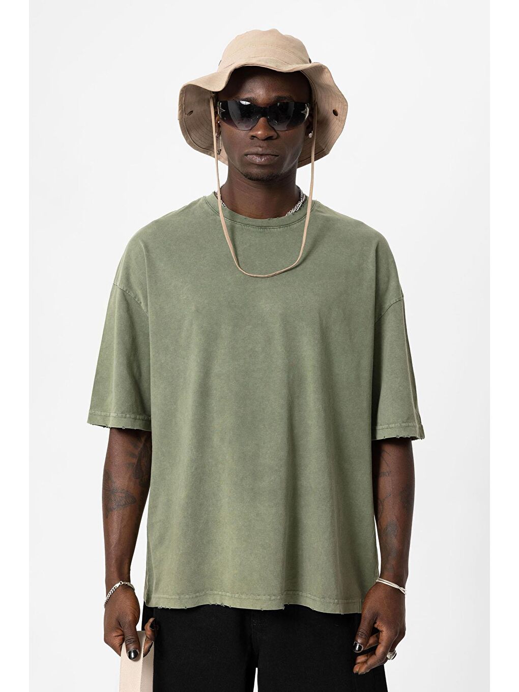 Yıkamalı Oversize Basic Tişört Haki-1