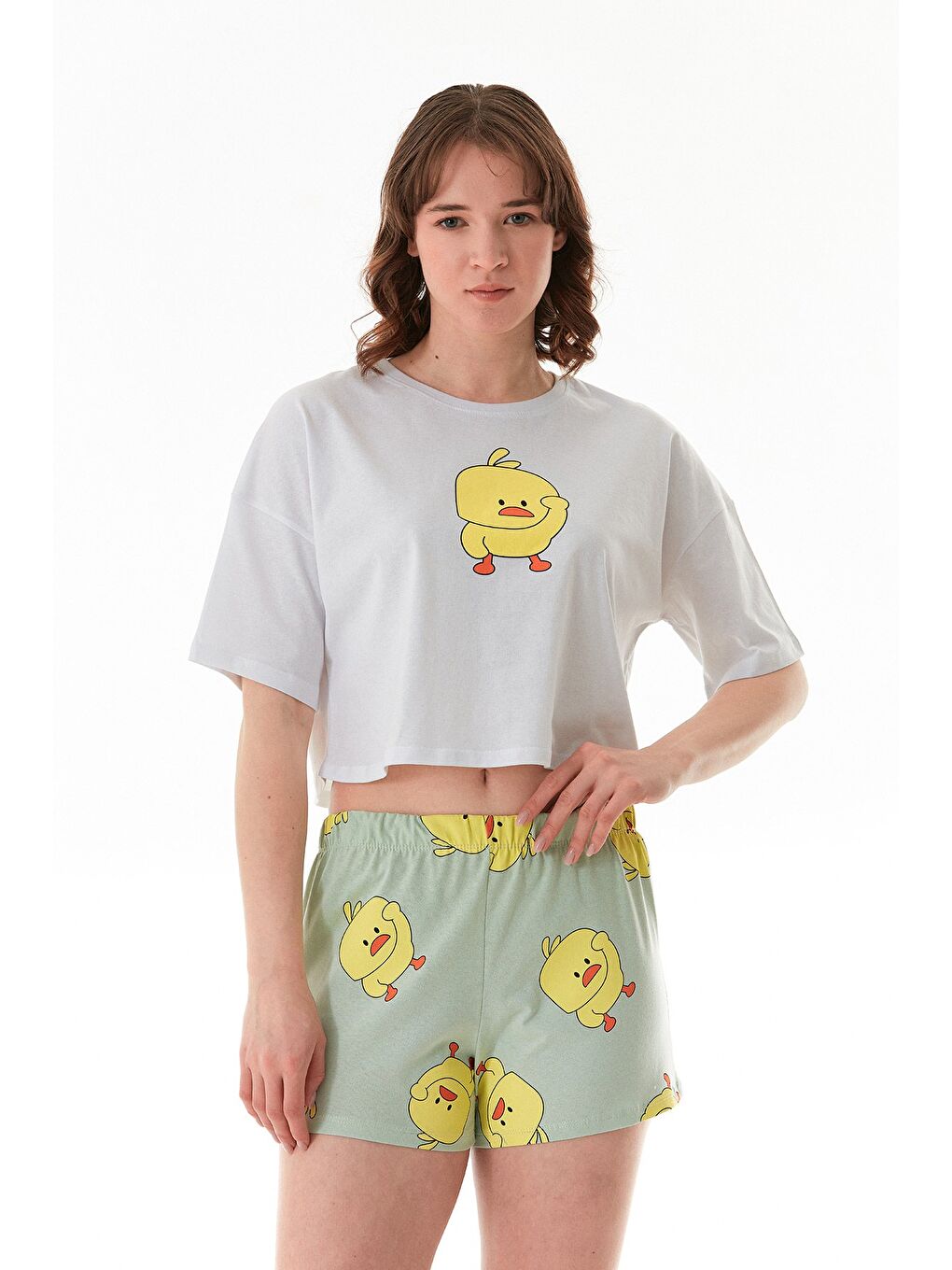 Turkuaz Civciv Baskılı Şortlu Oversize Pijama Takımı