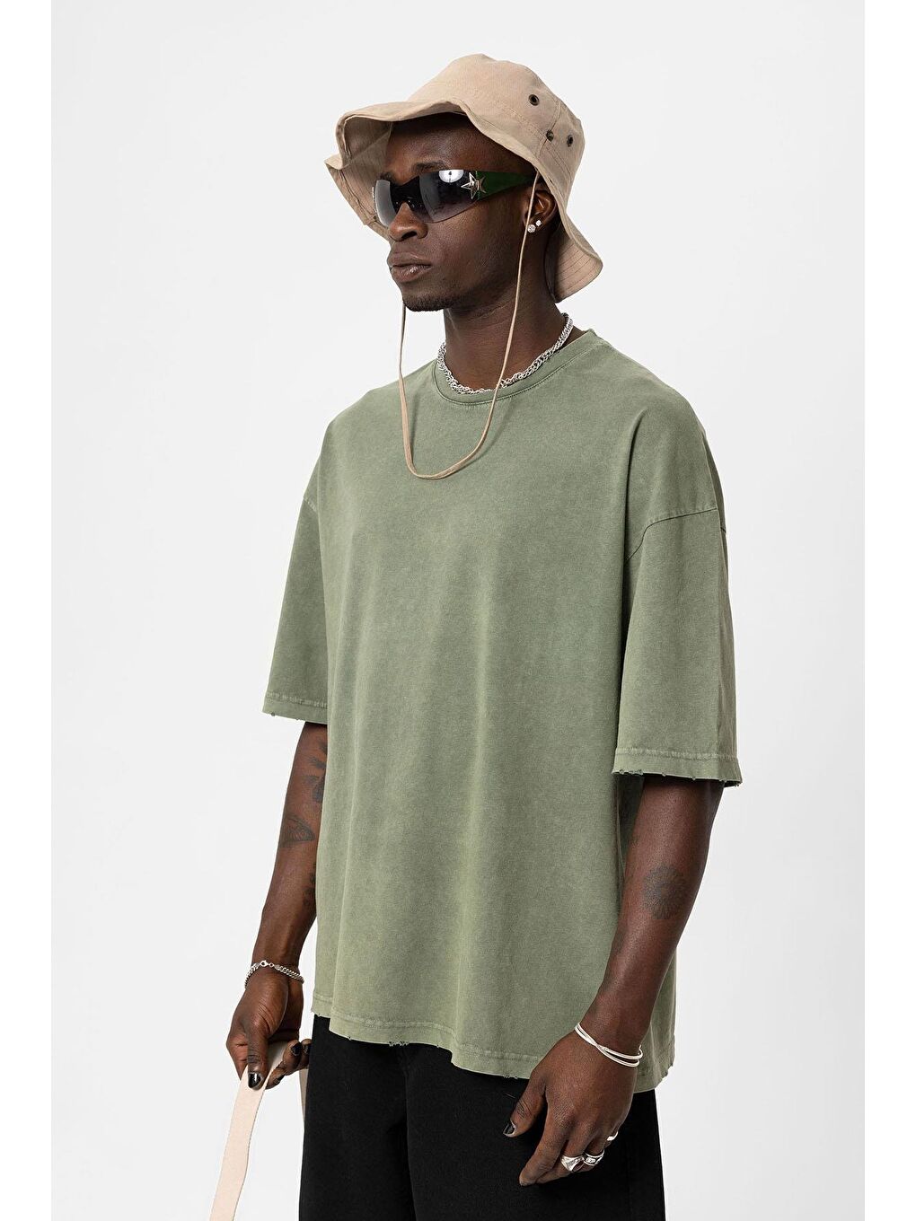 Yıkamalı Oversize Basic Tişört Haki-2