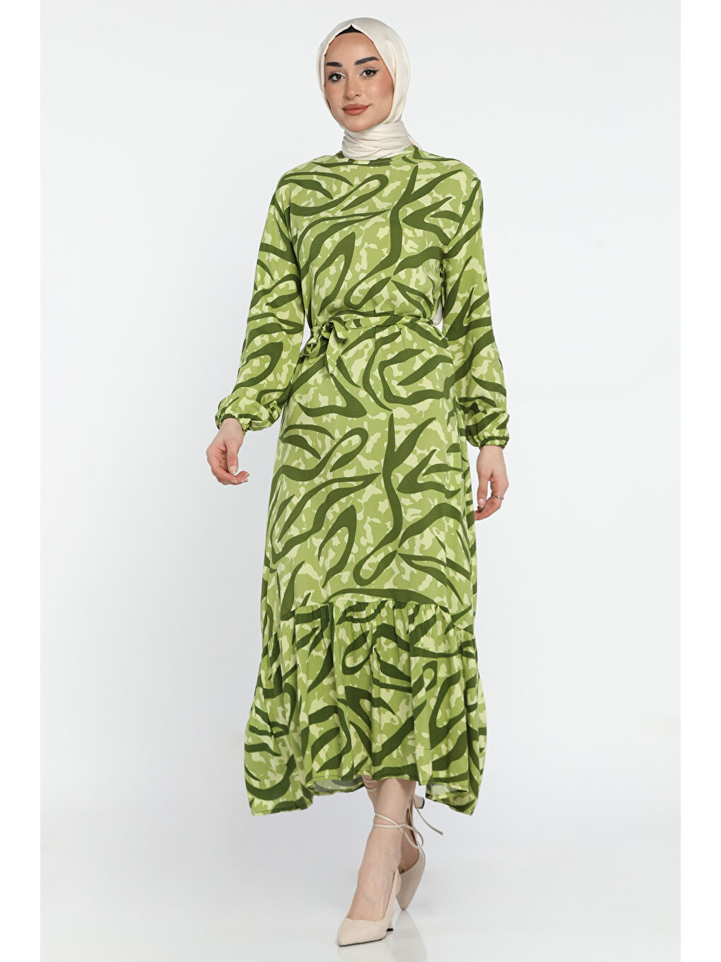 Yeşil Bel Kuşaklı Desenli Viskon Tesettür Elbise-2