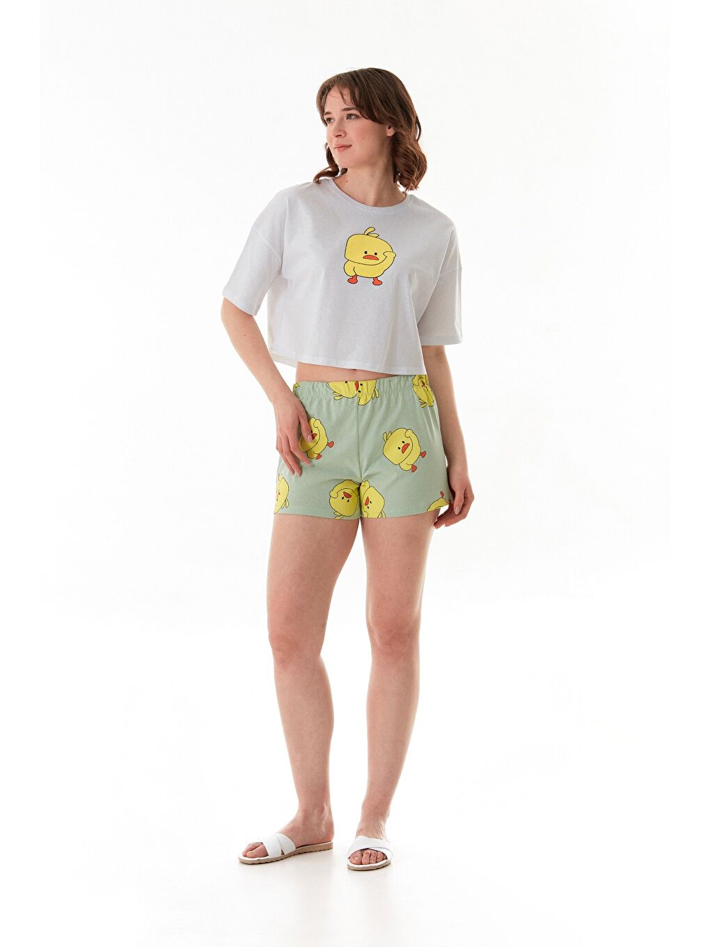 Turkuaz Civciv Baskılı Şortlu Oversize Pijama Takımı-1