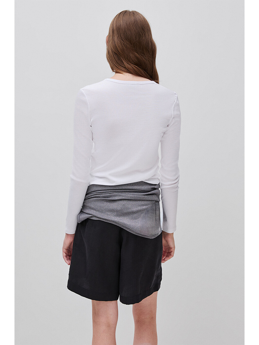 Kadın Beyaz %100 Pamuk Regular Fit Ribanalı Uzun Kollu T-shirt-2