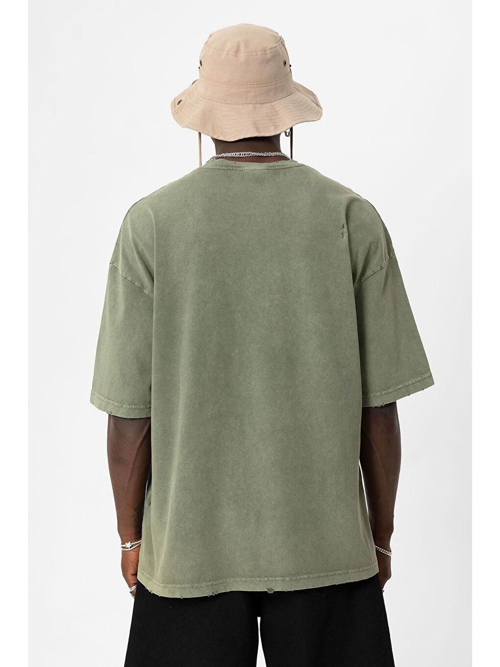 Yıkamalı Oversize Basic Tişört Haki-3