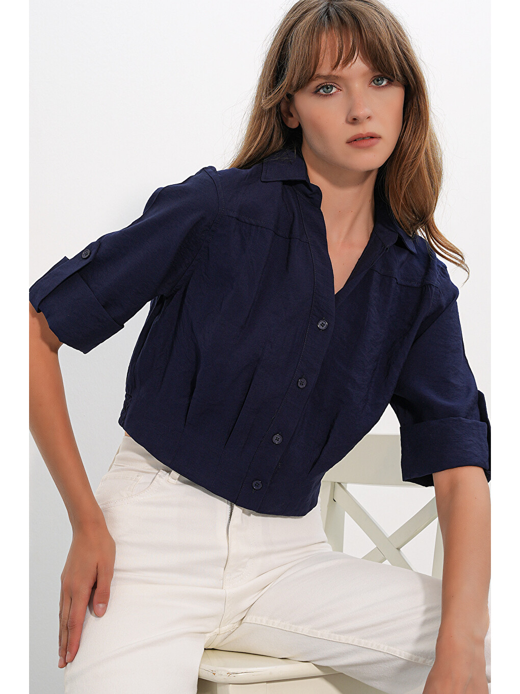 Kadın Crop Oversize Gömlek 20390 - Lacivert