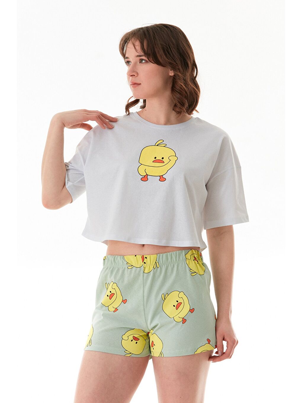 Turkuaz Civciv Baskılı Şortlu Oversize Pijama Takımı-3