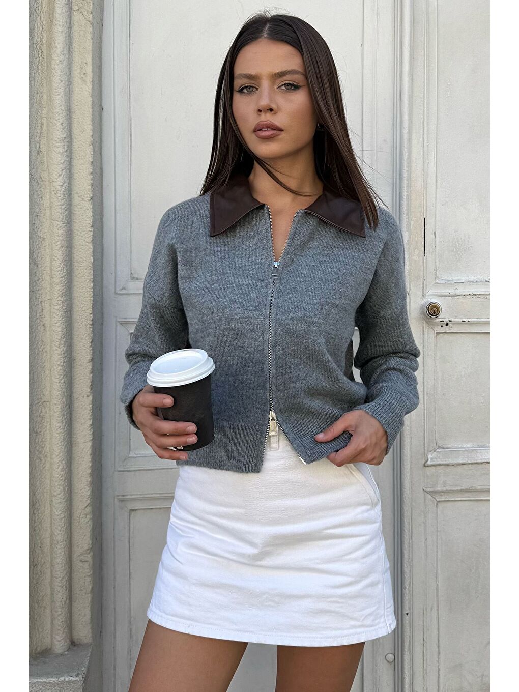 Gri Kadın Polo Yaka Deri Garnili Fermuarlı Triko Hırka (s-m-l Beden Uyumludur.)