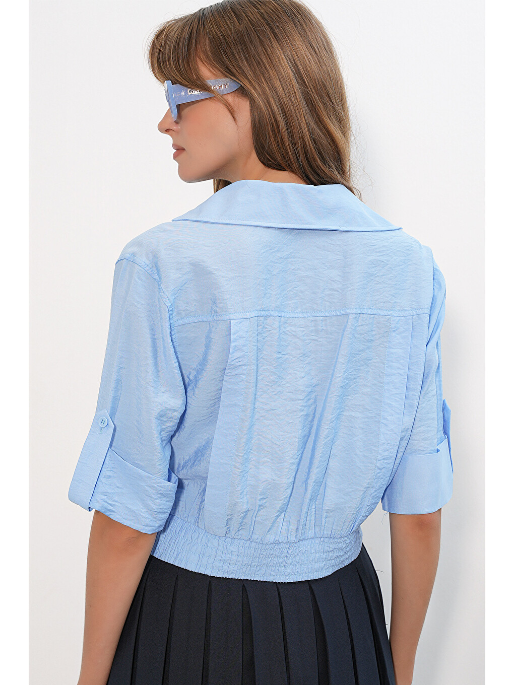 Kadın Crop Oversize Gömlek 20390 - Mavi-5