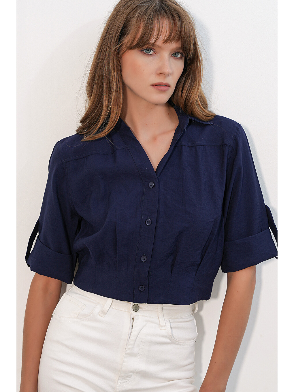 Kadın Crop Oversize Gömlek 20390 - Lacivert-2
