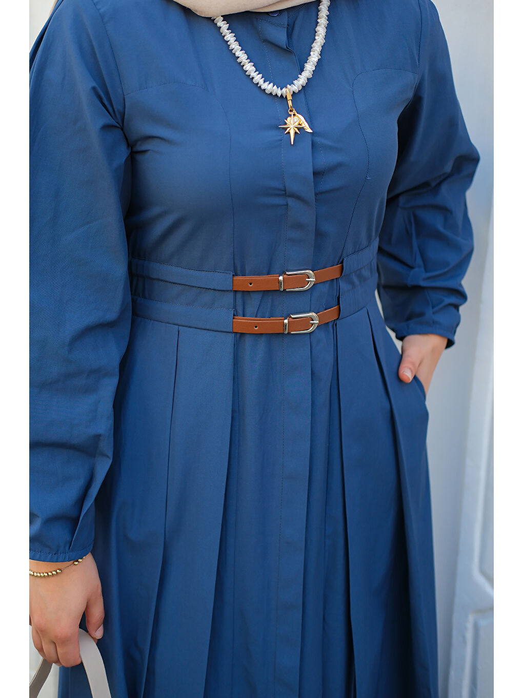 Kadın Çift Kemer Bağlamalı Elbise Lacivert-3