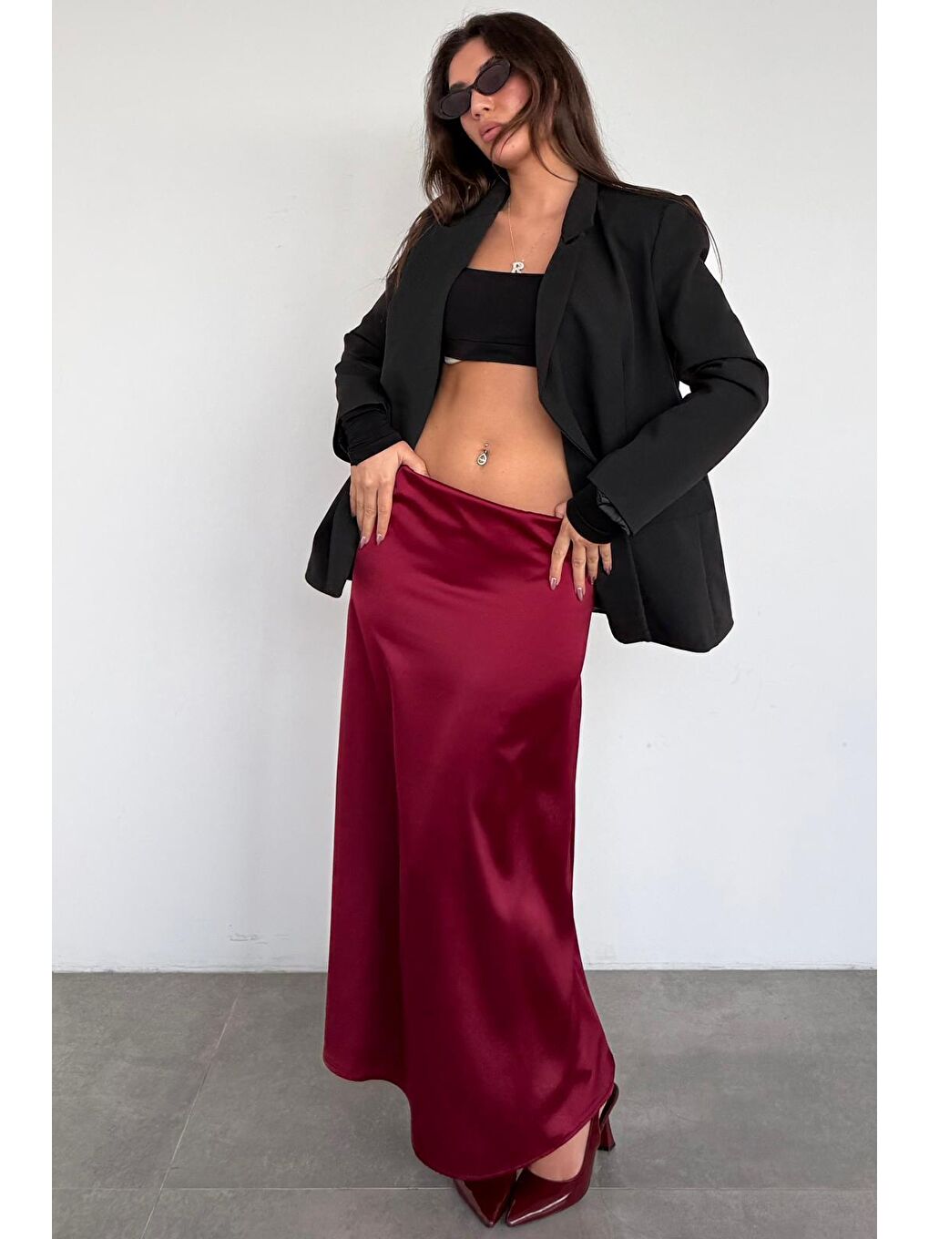 Bordo Siyah Saten Midi Boy Kadın Etek Mg2637