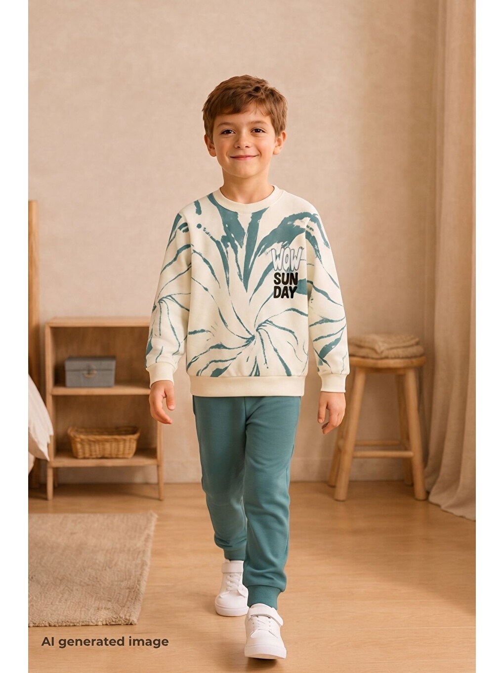 Yeşil Erkek Çocuk Batik Desenli Okul Günlük Eşofman Takımı Esf7037-3