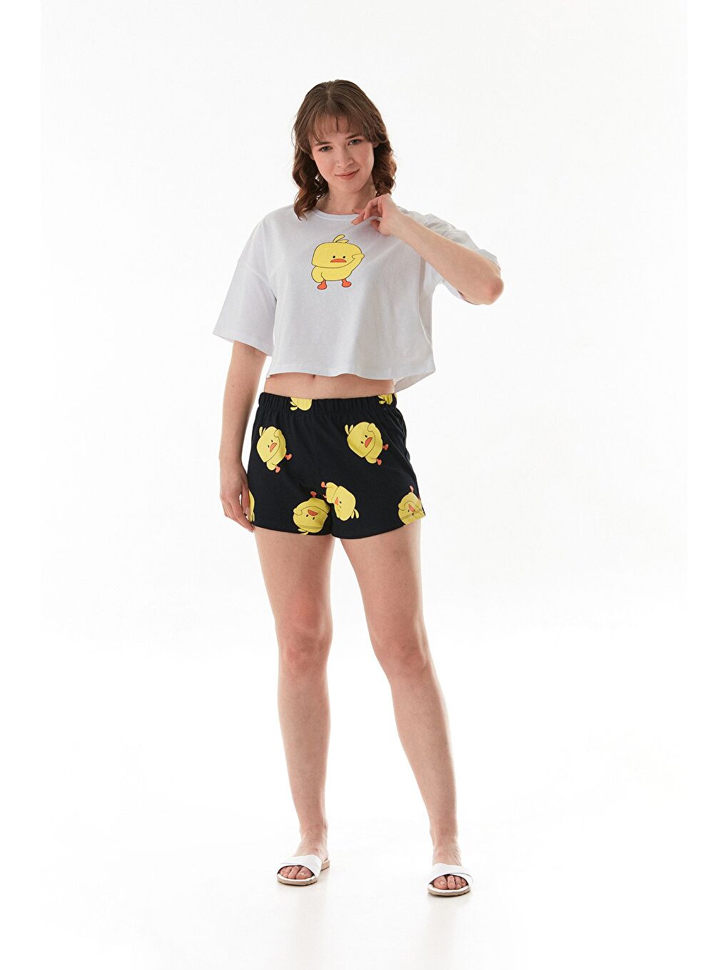 Lacivert Civciv Baskılı Şortlu Oversize Pijama Takımı