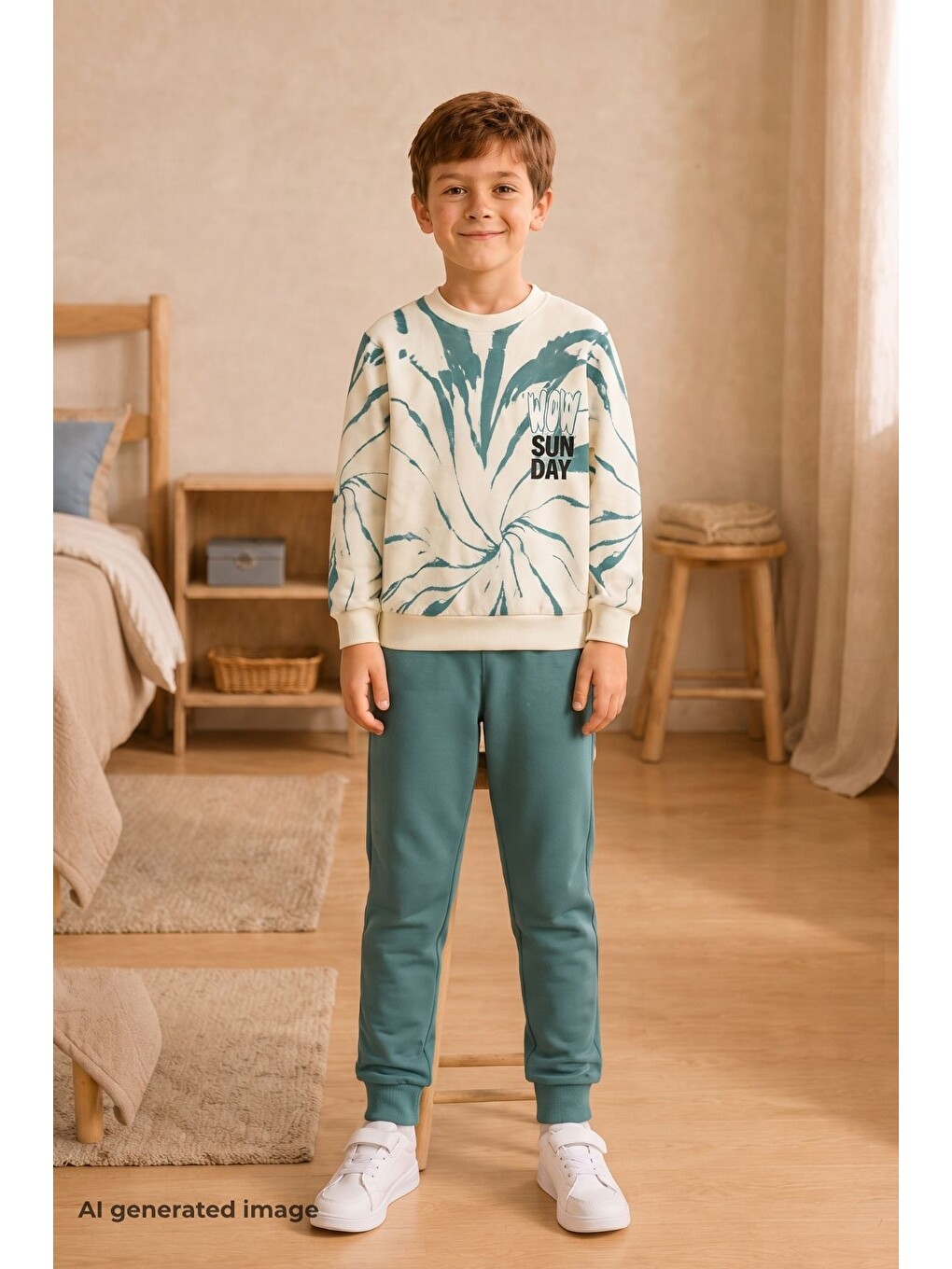 Yeşil Erkek Çocuk Batik Desenli Okul Günlük Eşofman Takımı Esf7037-6